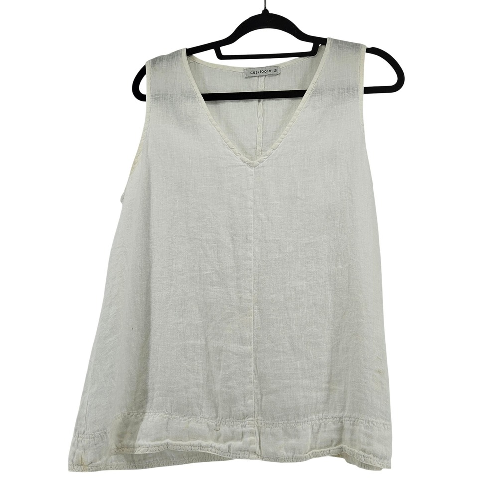 White 100 Linen V-Neck Sleeveless Tank Top Made in USA Med Capsule Minimalist